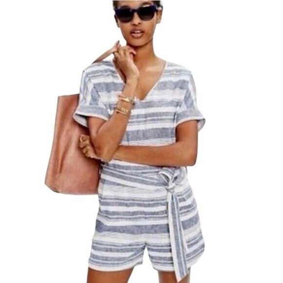Madewell | Women | Perimeter Stripe Coastal Linen Blend Tie Waist Romper | Small - Picture 14 of 15